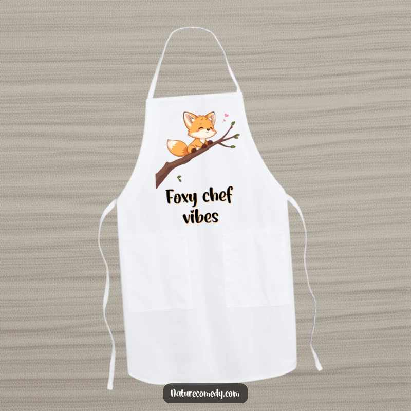 Funny playful fox cub apron, balancing on a swaying branch, looking at the sky, a functional and charming kitchen accessory.