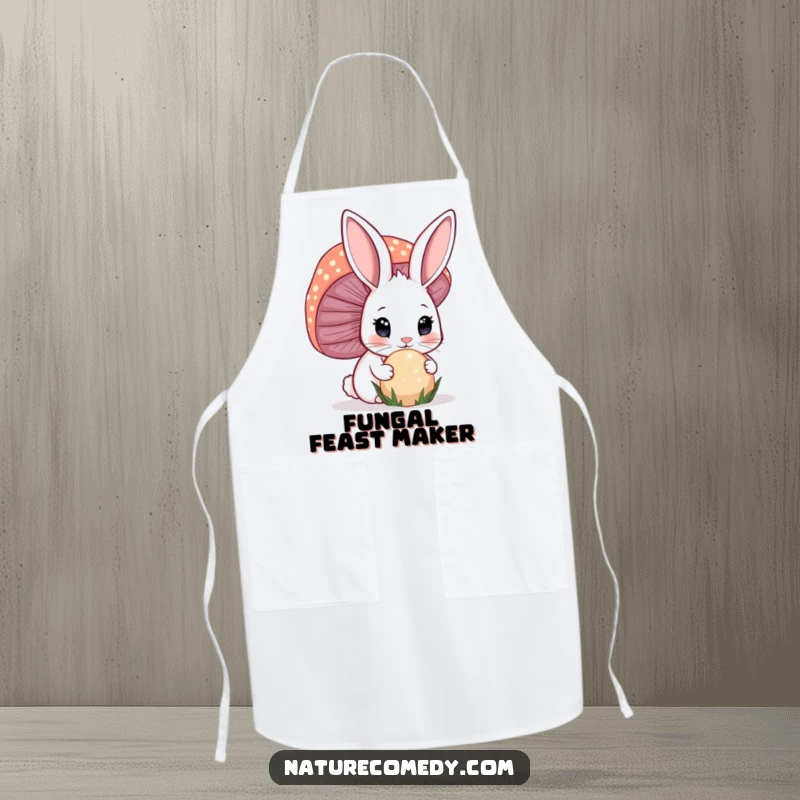 Funny bunny apron, a curious bunny with wide eyes investigating a giant, sparkling mushroom, perfect for kitchen adventures.