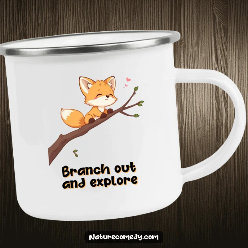 Funny playful fox cub camping mug, balancing on a swaying branch, looking at the sky, durable and charming for all your adventures.
