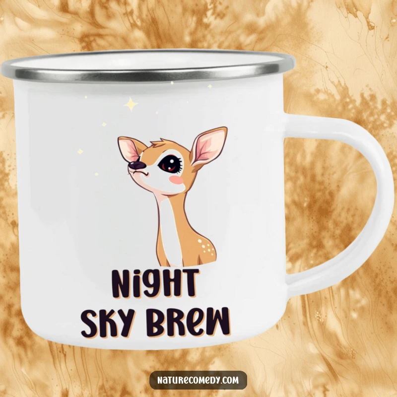 Funny fawn camping mug, curious fawn looking up at a sky of shimmering stars, perfect for campfire brews.