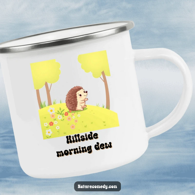 Funny hedgehog camping mug, happy hedgehog rolling down a grassy hill, leaving a trail of flowers.
