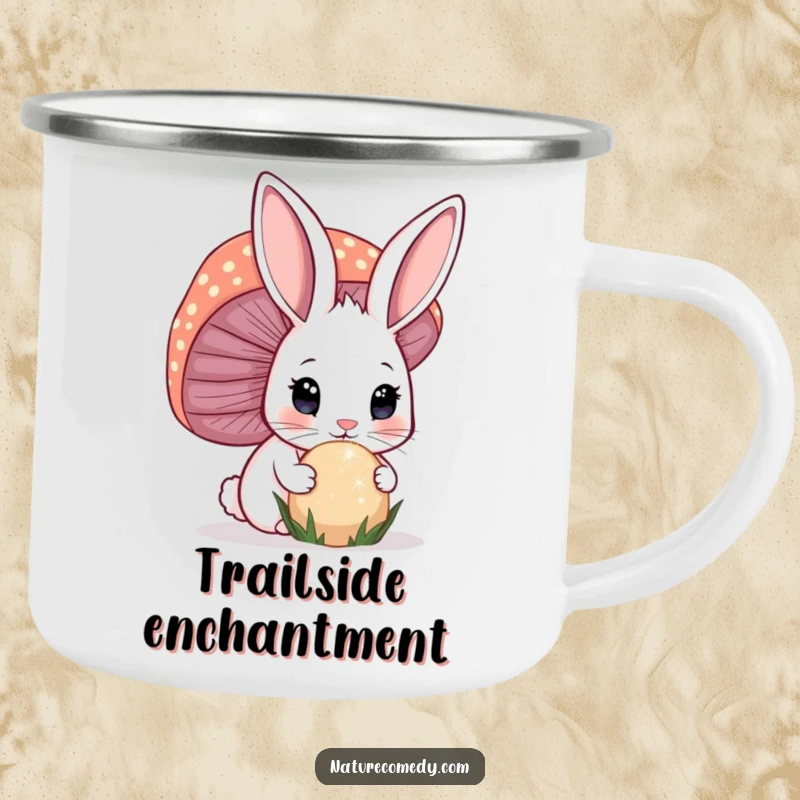 Funny bunny camping mug, curious bunny sniffing a sparkling mushroom, perfect for campfire brews.
