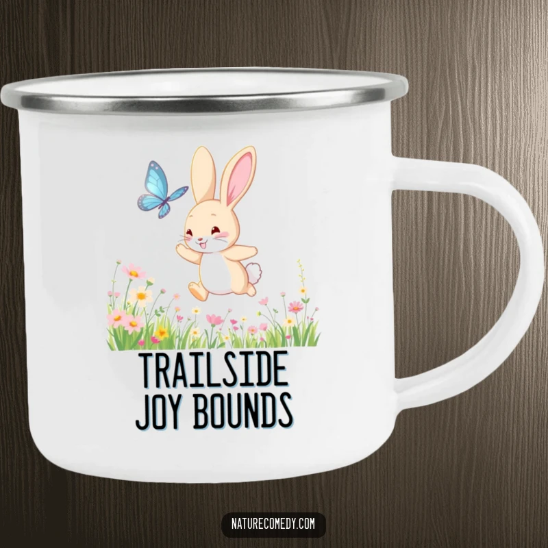 Funny bouncing bunny camping mug, chasing a shimmering butterfly through a meadow of wildflowers, a durable and cheerful outdoor companion.