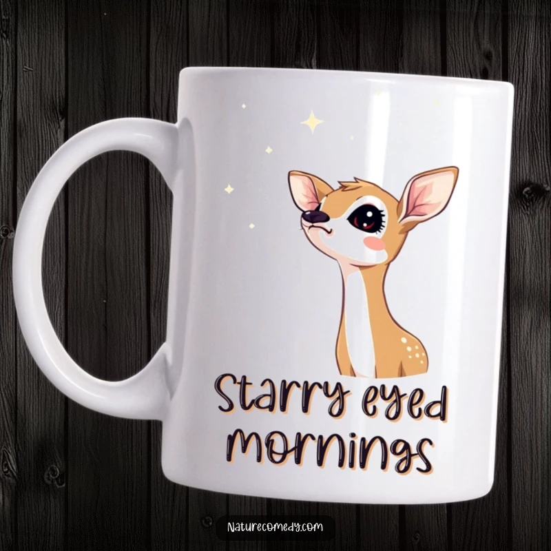 Funny fawn mug, head tilted curiously, looking up in awe at a sky filled with shimmering stars, full of wonder.