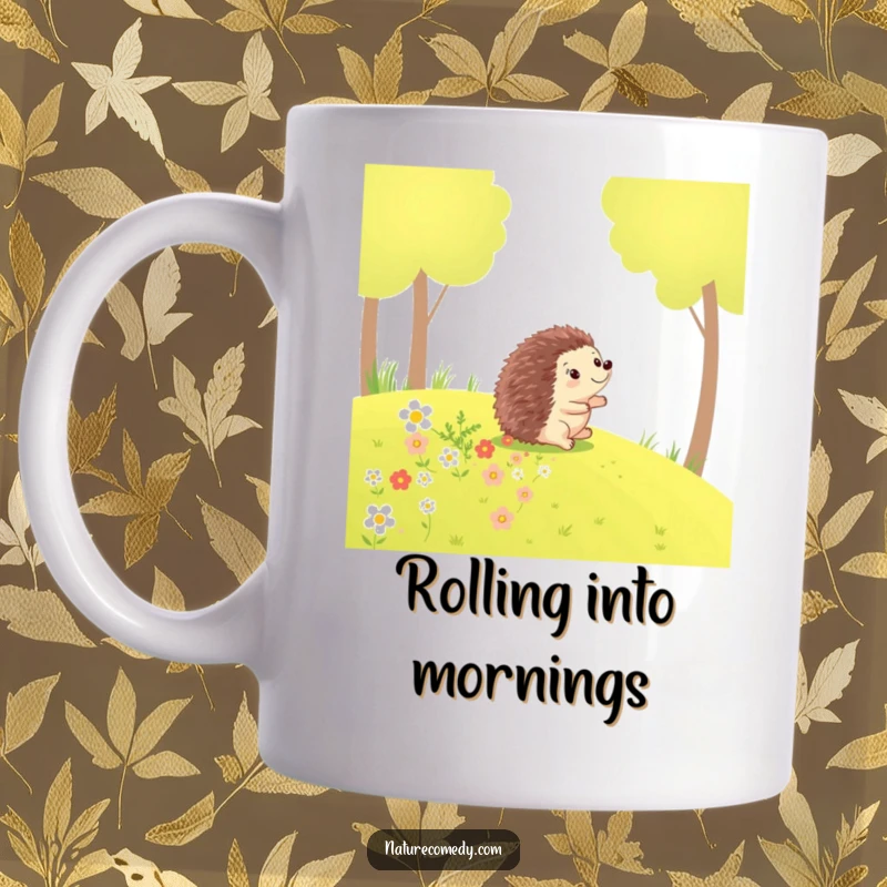 Funny hedgehog mug, happily rolling down a grassy hill, leaving a beautiful trail of colorful flowers behind.