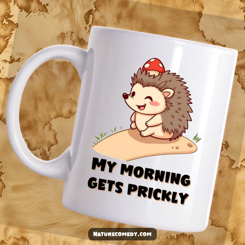 Funny smiling hedgehog mug, rolling downhill with a small mushroom cap, expressing pure happiness and playful abandon.
