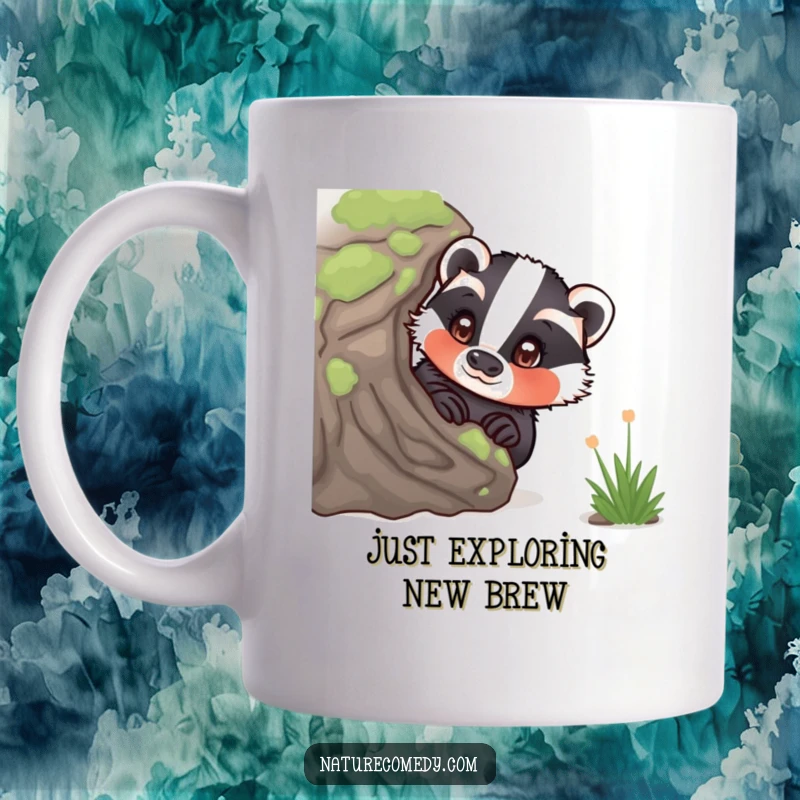 Funny curious badger mug, peeking from behind a mossy log, eyes wide with wonder, expressing adorable curiosity, perfect for nature lovers.
