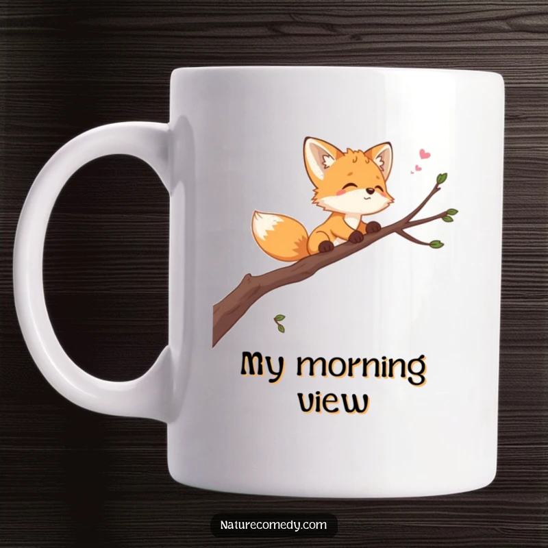 Funny playful fox cub mug, balancing on a swaying branch, looking at the sky, expressing curiosity and a sense of wonder.