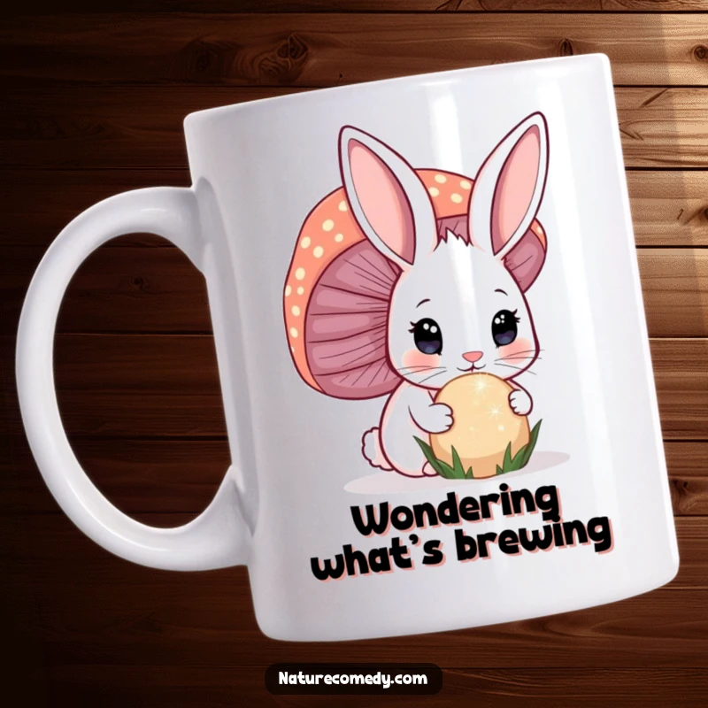 Funny bunny mug, ears perked, wide-eyed with curiosity, sniffing a giant, sparkling mushroom, filled with wonder.