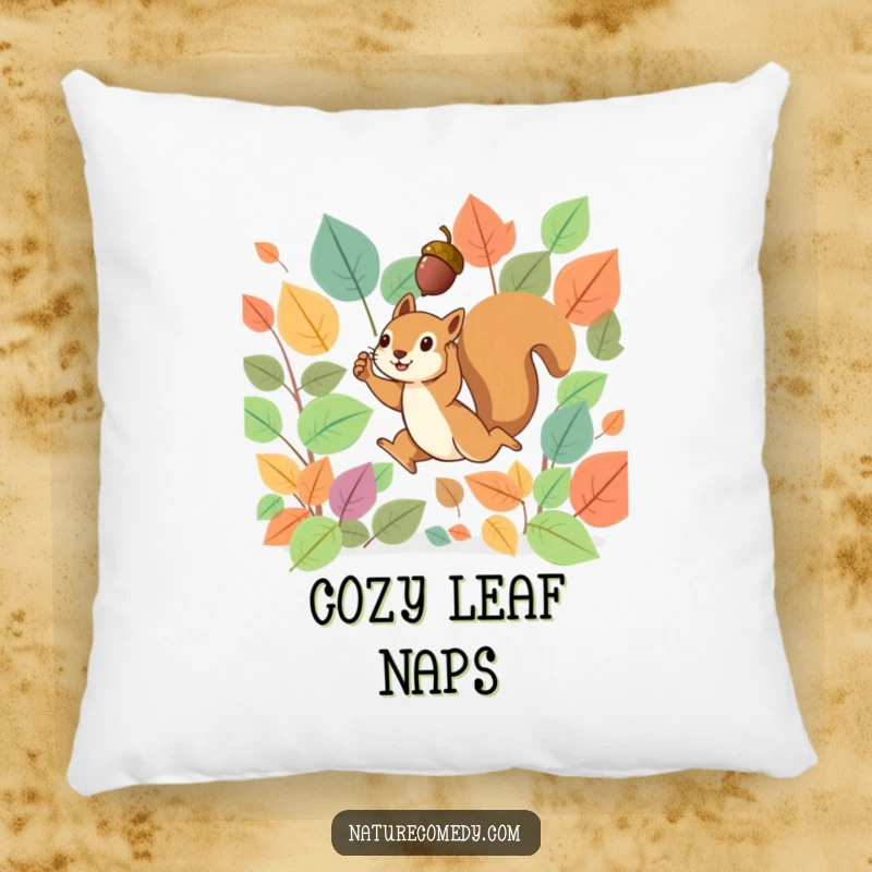 Funny pillow featuring a tiny squirrel joyfully leaping through vibrant autumn leaves, holding a small acorn triumphantly.