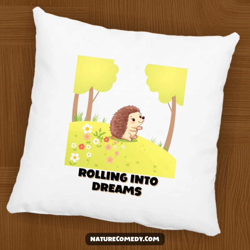 Funny hedgehog pillow, featuring a happy hedgehog rolling down a grassy hill, leaving a trail of flowers, soft and cheerful.