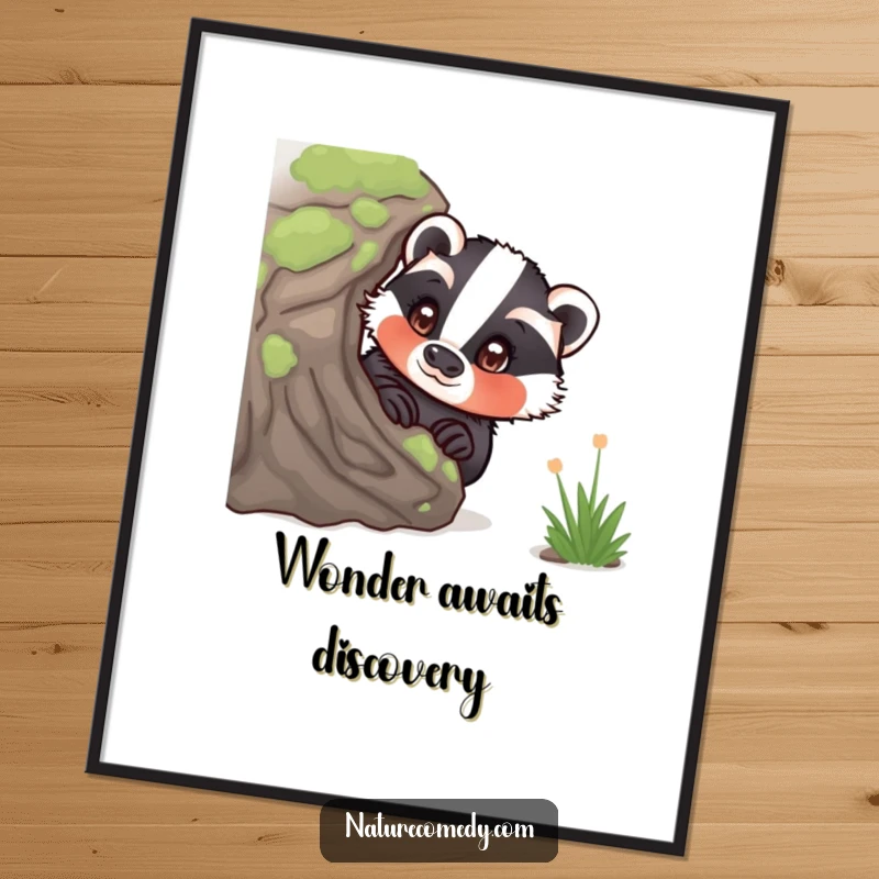 Funny curious badger digital art, peeking from behind a mossy log, eyes wide with wonder, downloadable wall art for instant charm.
