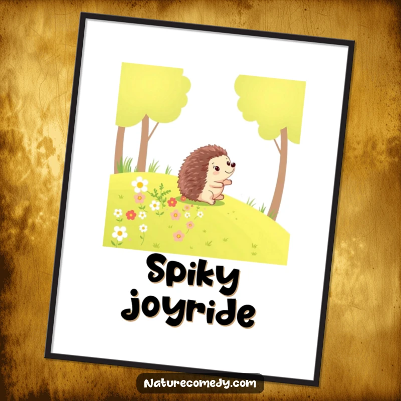 Funny hedgehog digital art print, a happy little hedgehog rolling down a grassy hill, leaving a trail of flowers.