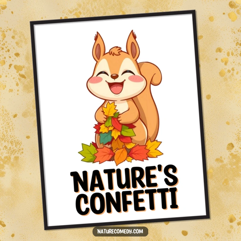 Funny squirrel digital art print, a laughing squirrel balancing a vibrant stack of autumn leaves, high-resolution and cheerful.