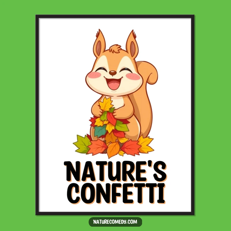 Funny Squirrel Autumn Leaves Digital Art Print: Hilarious Woodland Decor!