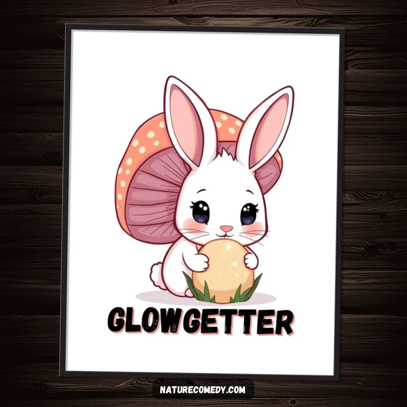 Funny bunny digital art print, a curious bunny with wide eyes sniffing a huge, sparkling mushroom, enchanting.