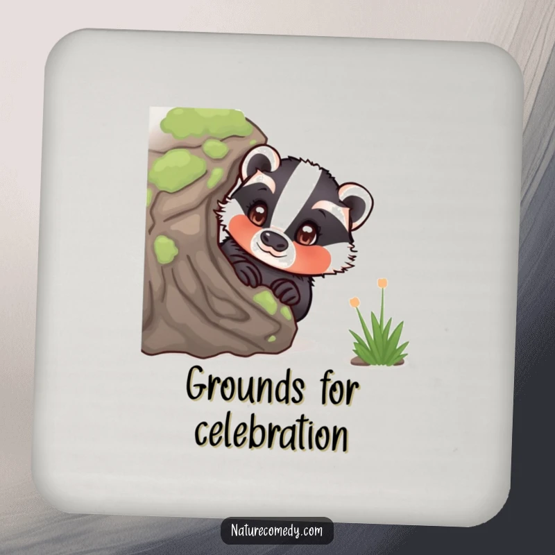 Funny curious badger coasters, peeking from behind a mossy log, eyes wide with wonder, protecting surfaces with cute forest art.