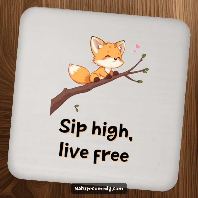 Funny playful fox cub coasters, balancing on a swaying branch, looking at the sky, adding whimsical charm to any surface.