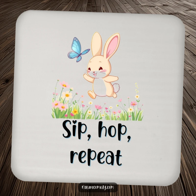 Funny bouncing bunny coasters, chasing a shimmering butterfly through a meadow of wildflowers, adding playful charm to any surface.
