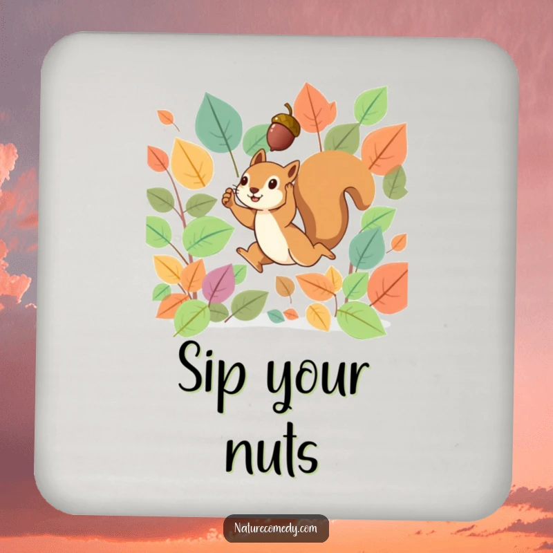 Funny drink coaster showing a tiny squirrel leaping through vibrant autumn leaves, holding a small acorn, adding a seasonal touch.