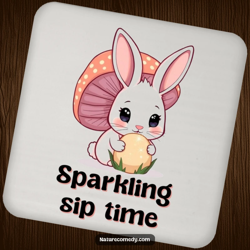 Funny bunny drink coaster, a curious bunny sniffing a giant, sparkling mushroom, protecting surfaces whimsically.