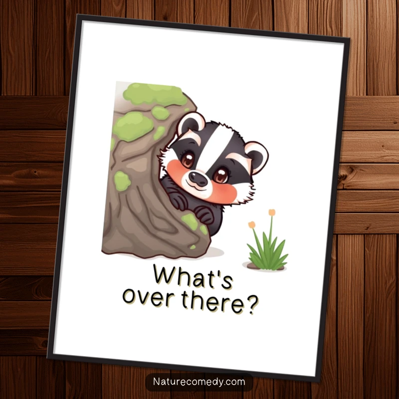 Funny curious badger poster, peeking from behind a mossy log, eyes wide with wonder, a charming piece of wall art for nature lovers.