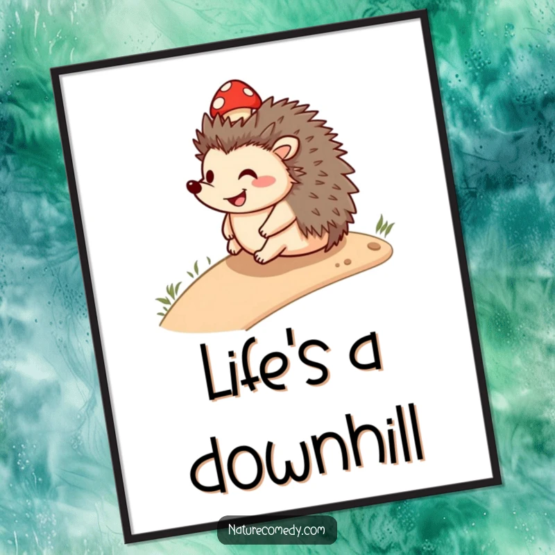 Funny smiling hedgehog poster, rolling downhill with a small mushroom cap, a charming and cheerful piece of wall art.