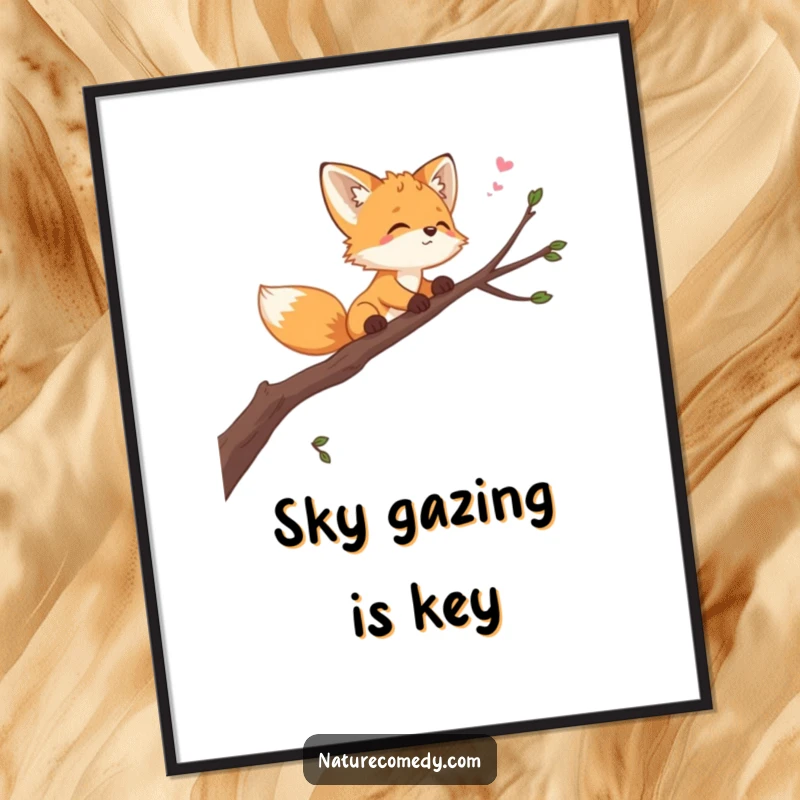 Funny playful fox cub poster, balancing on a swaying branch, looking at the sky, a charming and inspiring piece of wall art.