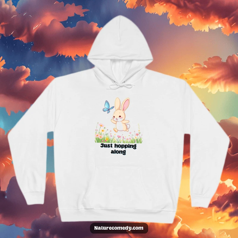 Funny bouncing bunny hoodie, chasing a shimmering butterfly through a meadow of wildflowers, offering warmth and a touch of playful magic.