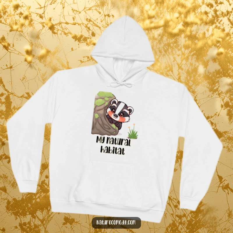 Funny curious badger hoodie, peeking from behind a mossy log, eyes wide with wonder, offering warmth and cute woodland charm.