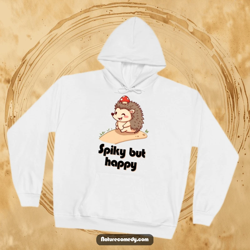 Funny smiling hedgehog hoodie, rolling downhill with a small mushroom cap, offering warmth and a dose of playful charm.