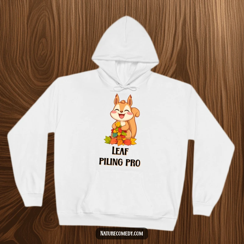 Funny squirrel hoodie, featuring a joyful squirrel balancing a large pile of colorful autumn leaves, radiating happiness.
