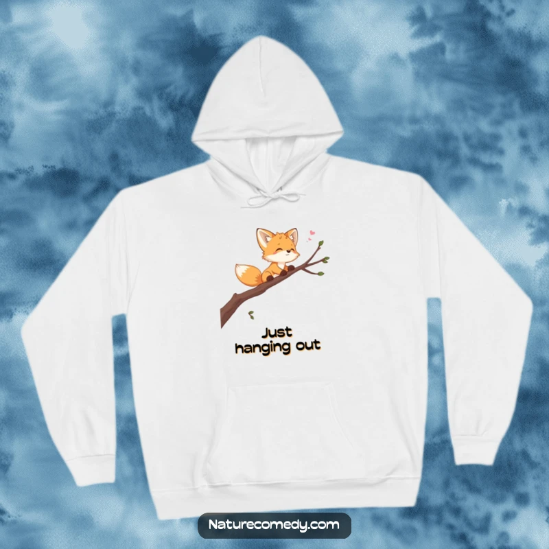 Funny playful fox cub hoodie, balancing on a swaying branch, looking at the sky, offering warmth and a touch of playful imagination.