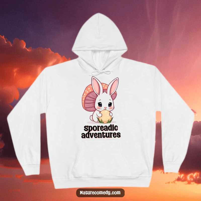 Funny bunny hoodie, depicting a curious bunny with perked ears investigating a giant, sparkling mushroom.