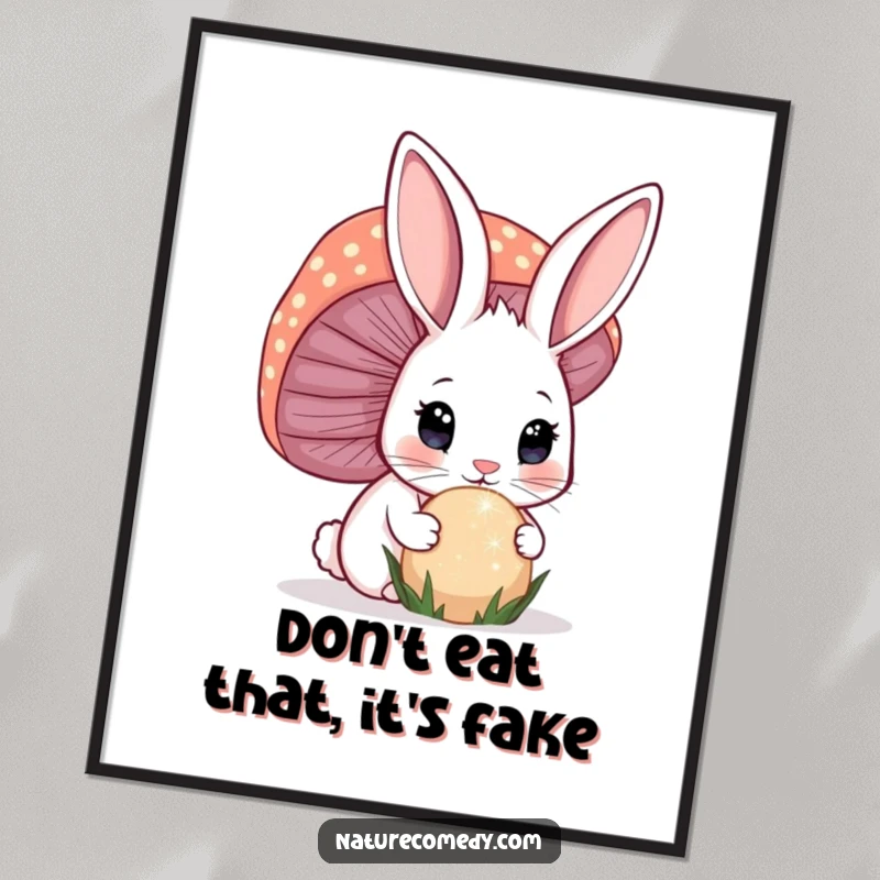 Funny Free Printable Wall Art: A curious bunny with perked ears gazes in wonder at a giant, sparkling mushroom.