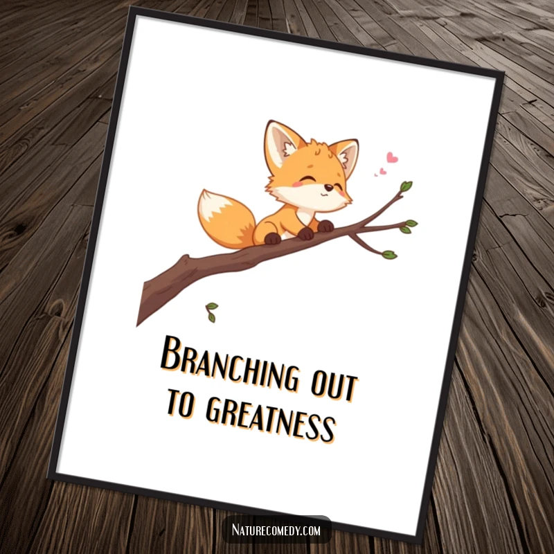 Funny Free Printable Wall Art: a playful fox cub balancing on a swaying branch, gazing dreamily at the vast sky.