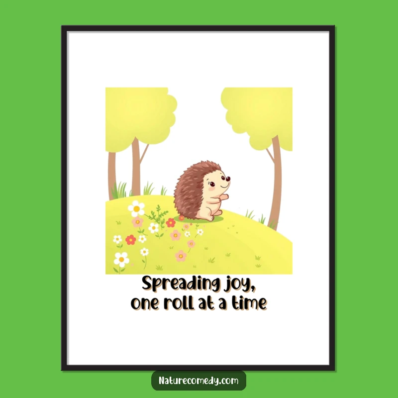 Funny Free Printable Wall Art: Hedgehog Rolling Flowers Downloadable Nature Art