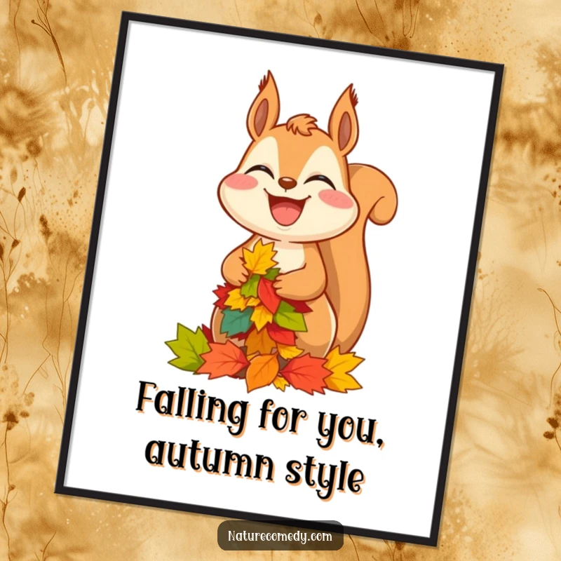 Funny Free Printable Wall Art: A laughing squirrel with a huge grin balances a stack of vibrant autumn leaves.