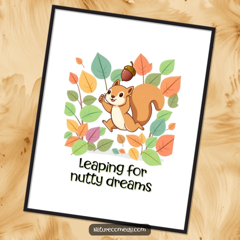 Funny Free Printable Wall Art: Tiny squirrel leaping energetically through vibrant autumn leaves, holding a tiny acorn triumphantly aloft.