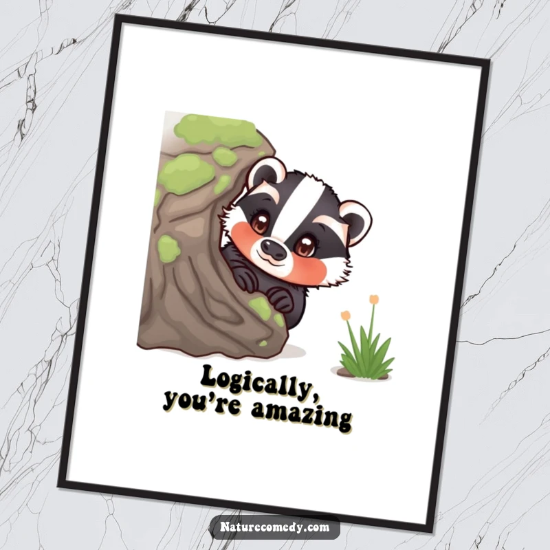 Funny Free Printable Wall Art: a curious badger peeking from a mossy log, eyes wide with enchanting wonder.