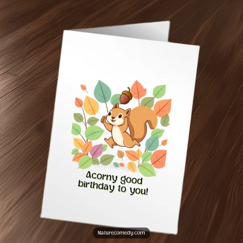 Funny Free Printable Birthday Card: Tiny squirrel leaping energetically through vibrant autumn leaves, holding a tiny acorn aloft.
