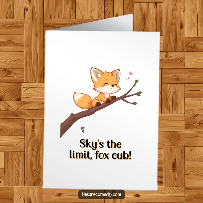 Funny Free Printable Birthday Card: a playful fox cub balances on a swaying branch, looking up at the sky with wonder.