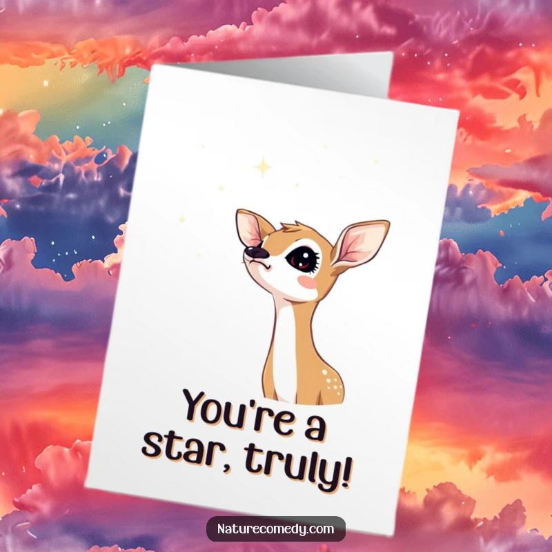 Funny Free Printable Congratulations Card: A curious fawn looks up in awe at a sky shimmering with countless stars.