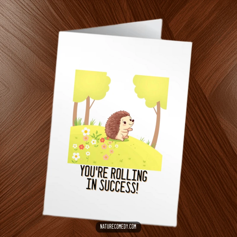 Funny Free Printable Congratulations Card: A little hedgehog playfully rolls down a grassy hill, trailing pretty flowers.