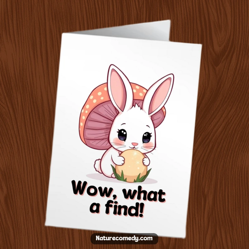 Funny Free Printable Congratulations Card: A curious bunny investigates a giant, sparkling mushroom with awe and enchantment.