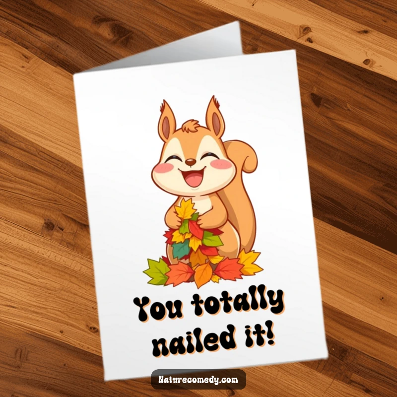 Funny Free Printable Congratulations Card: A laughing squirrel with a big grin balances autumn leaves, symbolizing celebratory success.