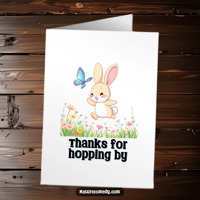 Funny Free Printable Thank You Card featuring a bouncing bunny chasing a butterfly, grateful for good things.