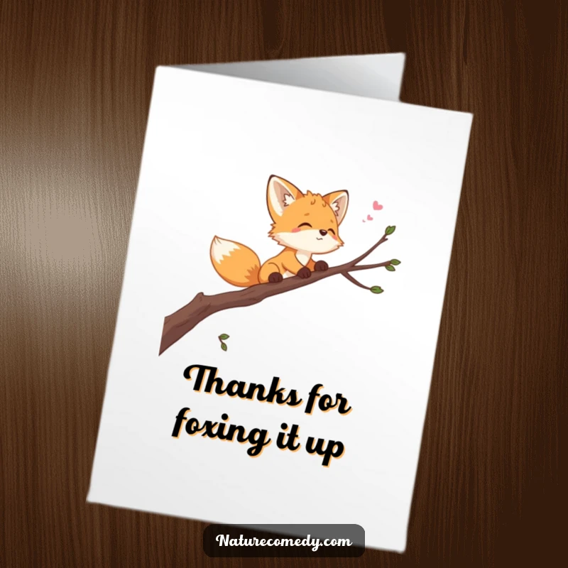 Funny Free Printable Thank You Card: a playful fox cub balances on a branch, gazing skyward with thankful eyes.