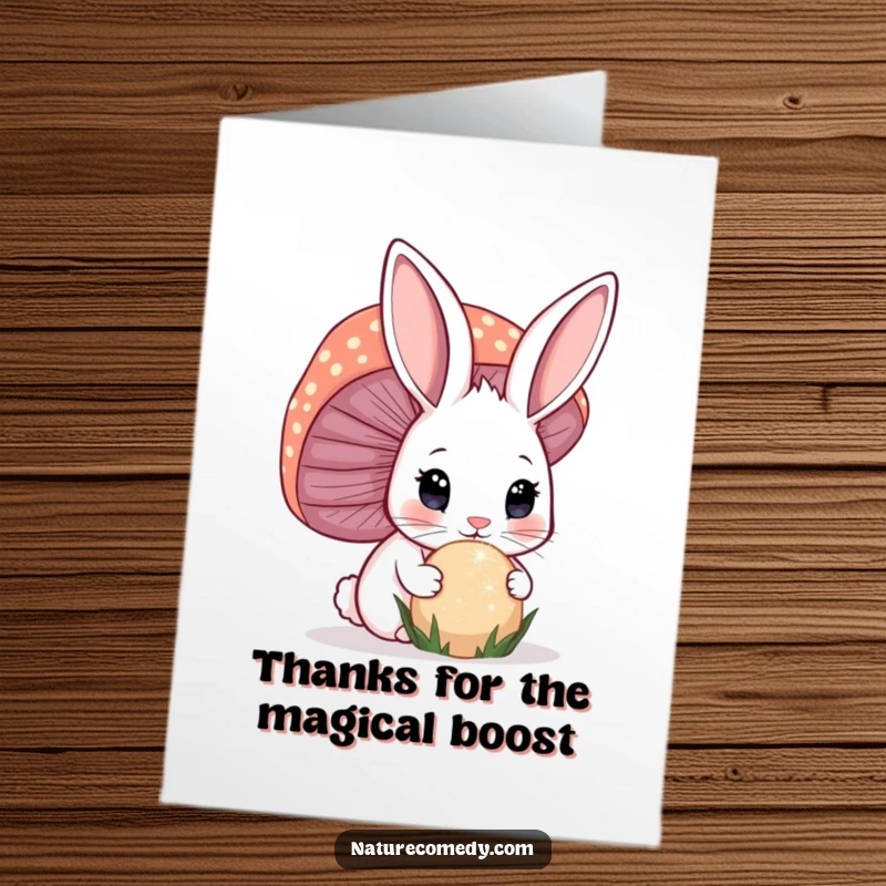 Funny Free Printable Thank You Card: A curious bunny eyes a huge, glittering mushroom, a delightful way to say thanks.