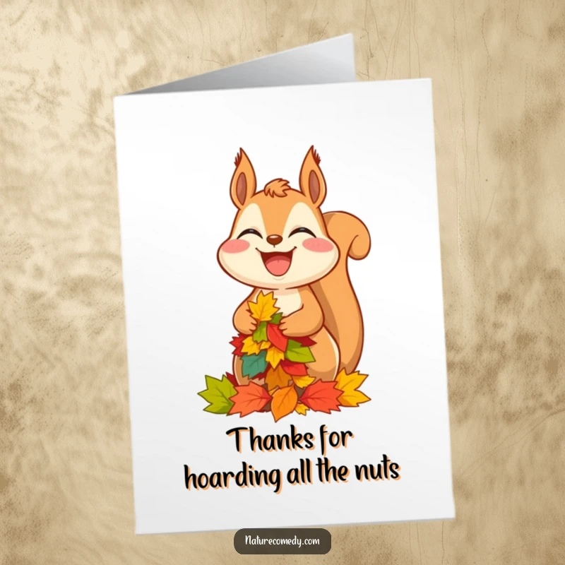 Funny Free Printable Thank You Card: A laughing squirrel balancing leaves offers a humorous way to say thanks.
